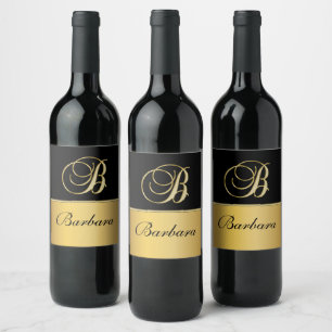 Étiquette Pour Bouteilles De Vin Élégant "B" Monogramme Nom personnalisé Black Gold