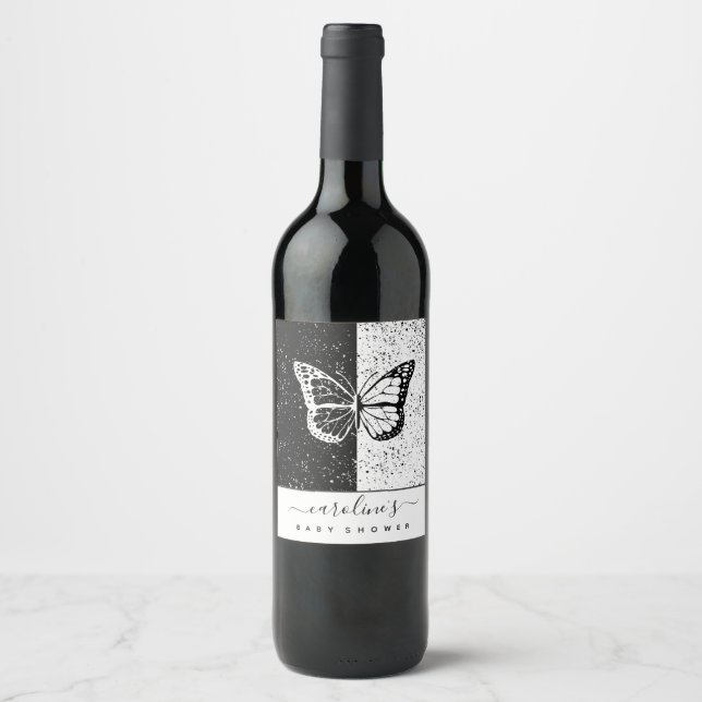 Étiquette Pour Bouteilles De Vin Élégant Baby shower à papillon noir et blanc point (Devant)