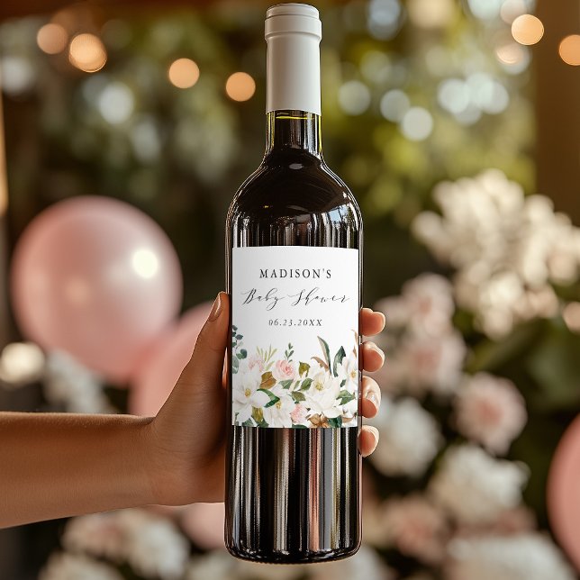Étiquette Pour Bouteilles De Vin Elégant Baby shower de Magnolias aquarelle (Créateur téléchargé)