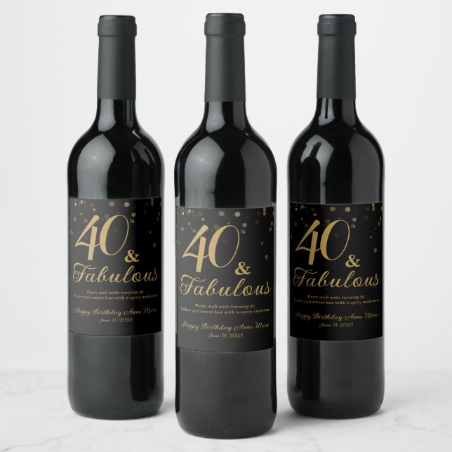 Étiquette Pour Bouteilles De Vin Elégant Black and Gold 40 et Fabuleux anniversaire (Bouteilles)