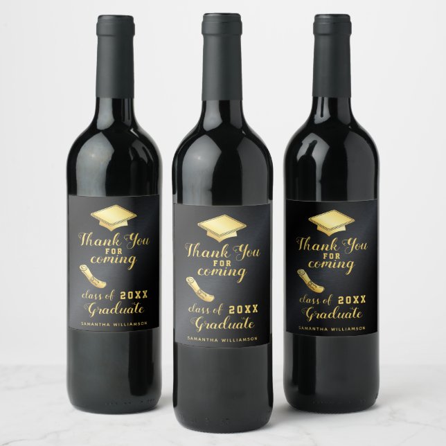 Étiquette Pour Bouteilles De Vin Elégant Black et Gold Custom Merci Graduation (Bouteilles)