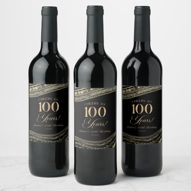 Étiquette Pour Bouteilles De Vin Elegant Black Gold Agate 100th Birthday Party (Bouteilles)