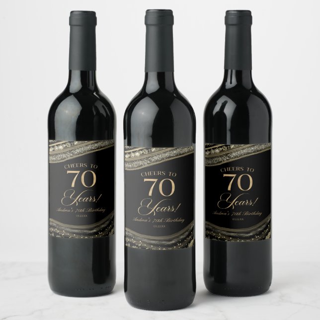 Étiquette Pour Bouteilles De Vin Elegant Black Gold Agate 70th Birthday Party (Bouteilles)