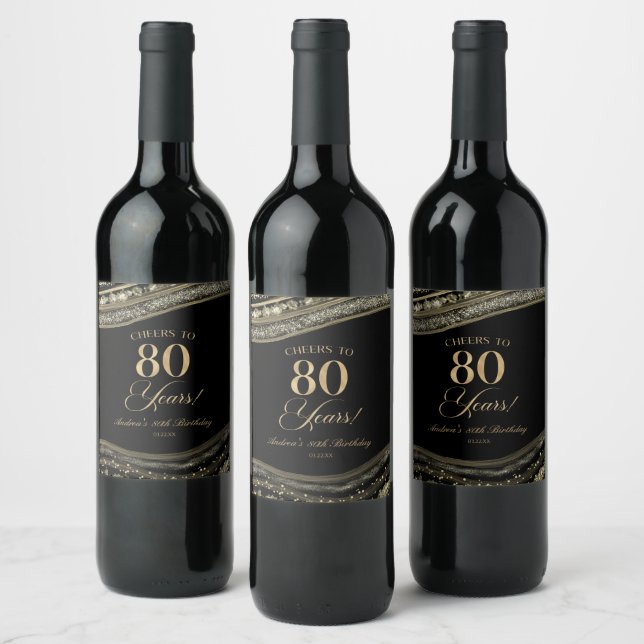 Étiquette Pour Bouteilles De Vin Elegant Black Gold Agate 80th Birthday Party (Bouteilles)