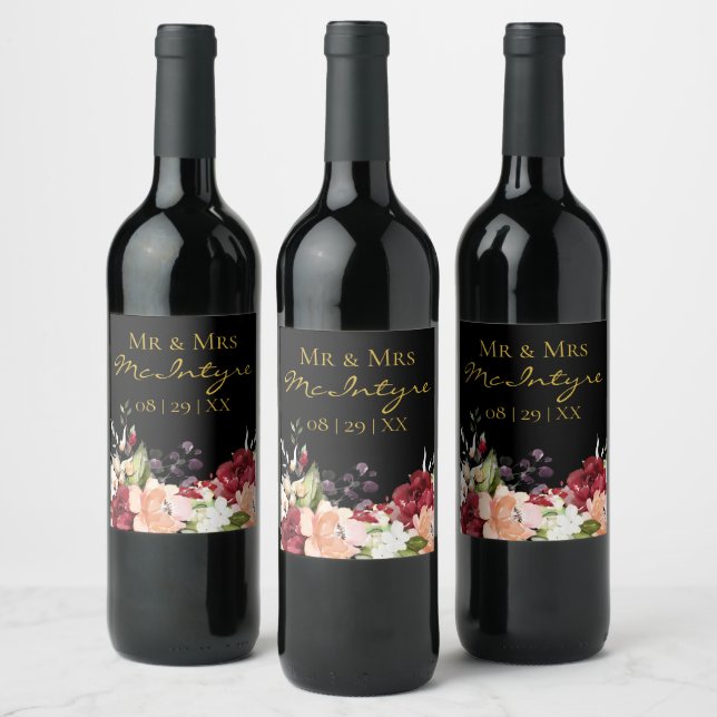 Étiquette Pour Bouteilles De Vin Elégant Black Gold Burgundy Blush Floral Mr & Mrs. (Bouteilles)