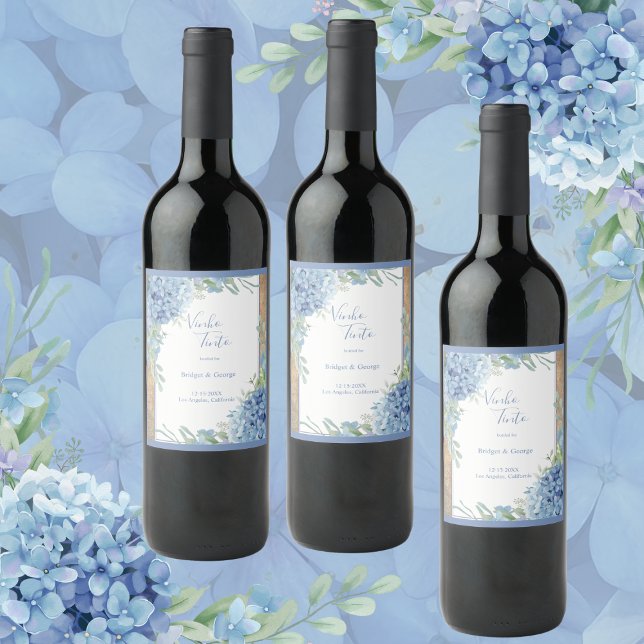 Étiquette Pour Bouteilles De Vin élégant bleu Hydrangea mariage (Créateur téléchargé)