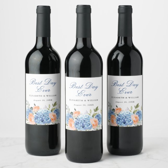 Étiquette Pour Bouteilles De Vin Élégant bleu Hydrangea rose Rose Mariage (Bouteilles)