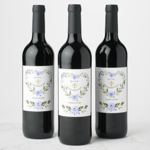 Étiquette Pour Bouteilles De Vin Élégant Blue Floral Wreath garçon confirmation