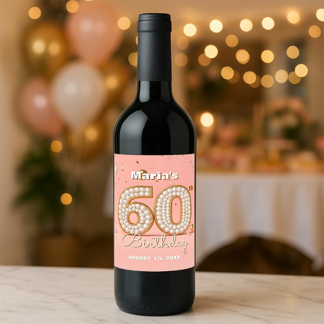 Étiquette Pour Bouteilles De Vin Élégant Blush Pink Pearly Gold 60e anniversaire (Créateur téléchargé)