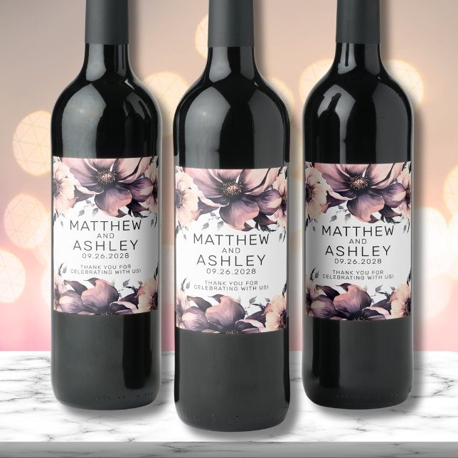 Étiquette Pour Bouteilles De Vin Élégant Boho Blush rose Mariage floral (Elegant Floral Boho Blush Pink Black White Wedding Wine Label)