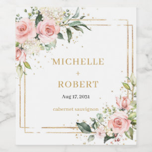 Étiquette Pour Bouteilles De Vin Elégant boho rose rousse roses verdure cadre or