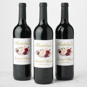 Étiquette Pour Bouteilles De Vin Elégant Bourgogne Floral Fête des mariées Or