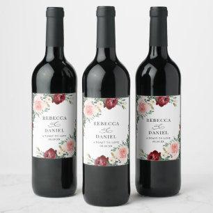 Étiquette Pour Bouteilles De Vin Elégant Burgundy Blush Floral Mariage Personnalisé