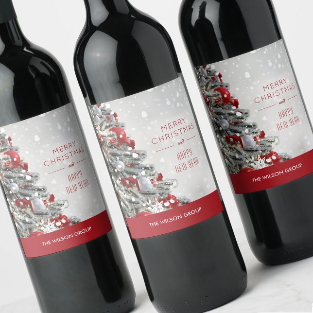 Étiquette Pour Bouteilles De Vin Élégant cadeau de Noël Arbre d'affaires (Elegant red and white Christmas tree on business gift wine bottle labels)