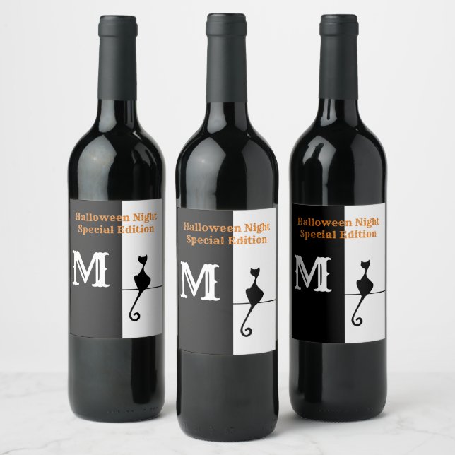 Étiquette Pour Bouteilles De Vin Élégant chat noir avec classique initial (Bouteilles)