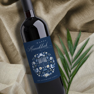 Étiquette Pour Bouteilles De Vin Elégant Classy Navy Blue Happy Hanoukka Floral