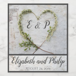 Étiquette Pour Bouteilles De Vin Élégant coeur de fleur mariage d'écorce de bouleau
