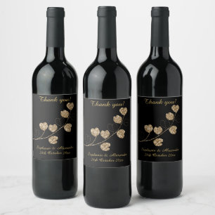 ÉTIQUETTE POUR BOUTEILLES DE VIN ÉLÉGANT COEUR OR EUCALYPTUS NOIR PERSONNALISABLE