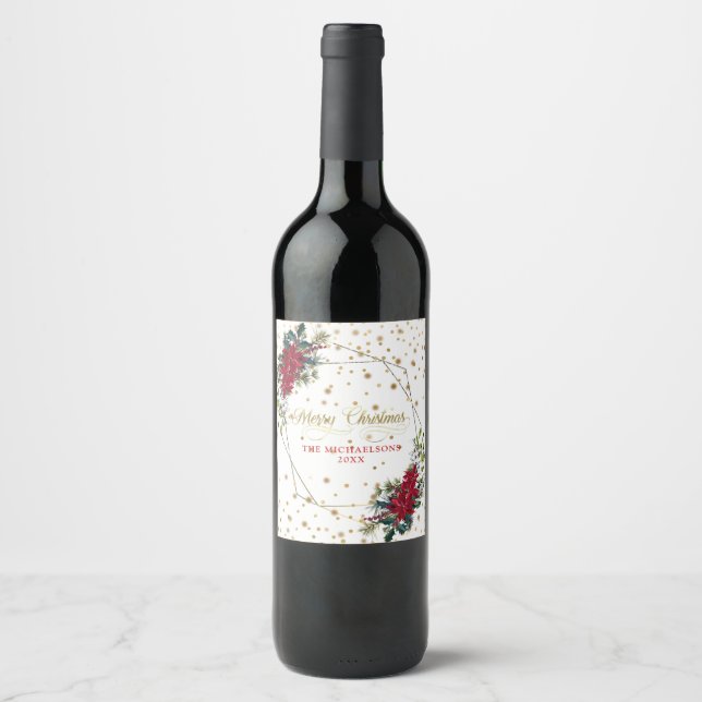 Étiquette Pour Bouteilles De Vin Élégant Confetti en or Poinsettia de Noël (Devant)