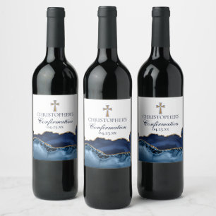 Étiquette Pour Bouteilles De Vin Élégant Confirmation Croix Marine Blue Gold Custom