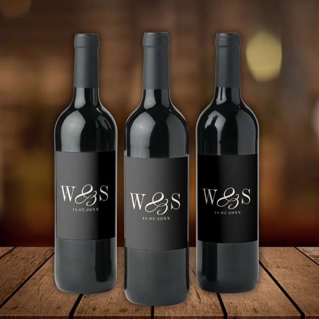 Étiquette Pour Bouteilles De Vin Élégant couple noir mariage initial (Créateur téléchargé)