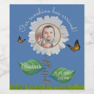 Étiquette Pour Bouteilles De Vin Elégant Daisy Blue Floral Cute Baby Photo & Nom