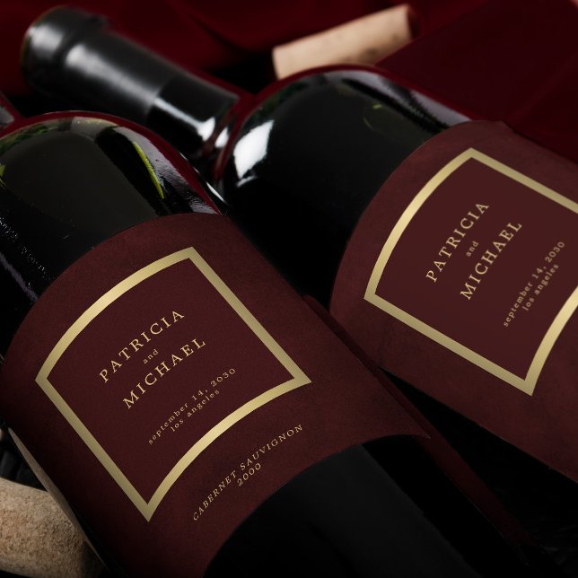 Étiquette Pour Bouteilles De Vin Elegant deep burgundy gold wedding personalized (Créateur téléchargé)