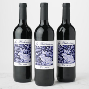 Étiquette Pour Bouteilles De Vin Elégant Delft Navy Blue Bunny Rabbit Birds Custom