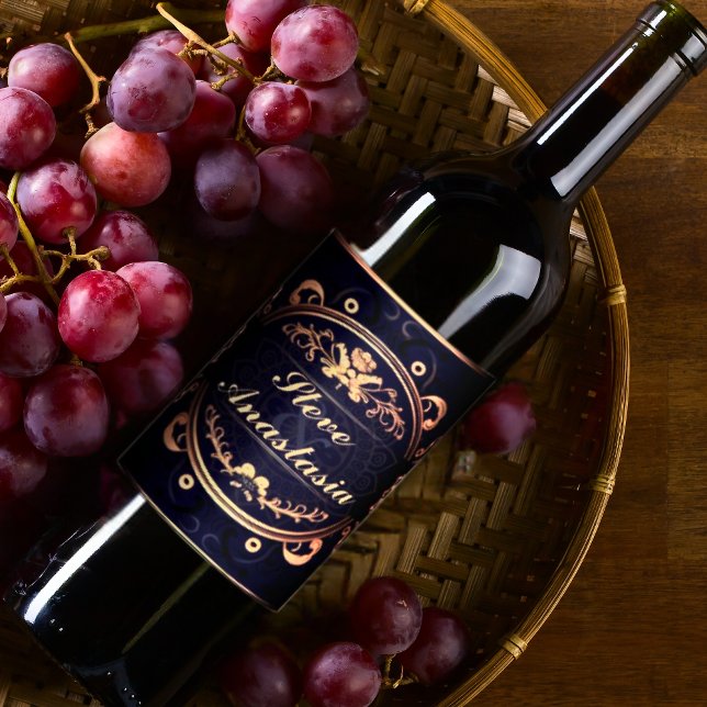 Étiquette Pour Bouteilles De Vin Élégant Demask Or Monogramme Royal Blue (Créateur téléchargé)