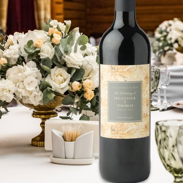 Étiquette Pour Bouteilles De Vin Élégant Étiquette de vin vert Sage jaune Floral (Créateur téléchargé)
