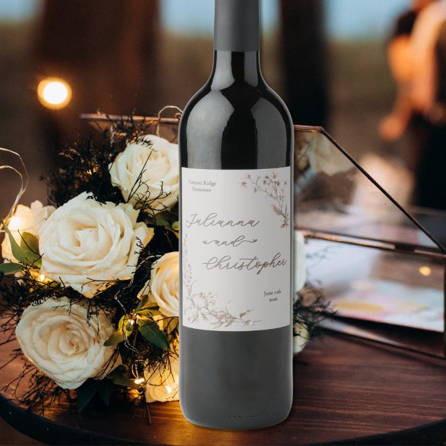 Étiquette Pour Bouteilles De Vin Élégant Fleur sauvage rustique Script Argent (Créateur téléchargé)