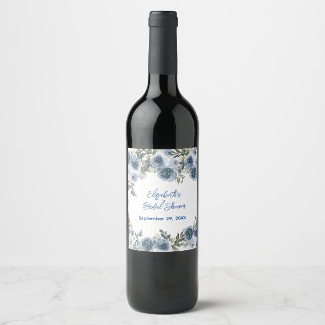Étiquette Pour Bouteilles De Vin Élégant Fleurs Blanches et Bleues pour la Mariée  (Devant)