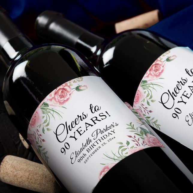 Étiquette Pour Bouteilles De Vin Elegant floral 90th birthday party  (Créateur téléchargé)