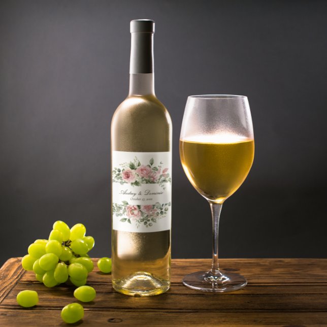 Étiquette Pour Bouteilles De Vin Élégant Floral Botanical Roses Rose Rustique Maria (floral wedding wine label with pink roses and greenery for botanical and garden themed weddings)