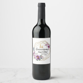 Étiquette Pour Bouteilles De Vin Élégant floral doré 1re année d'anniversaire