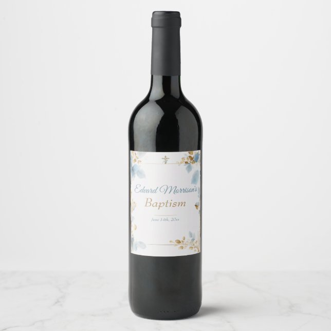 Étiquette Pour Bouteilles De Vin Élégant floral Dusty Baptême bleu (Devant)