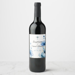 Étiquette Pour Bouteilles De Vin Élégant floral Dusty Baptême bleu