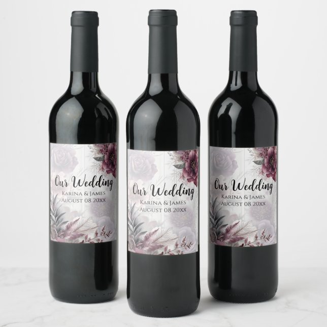 Étiquette Pour Bouteilles De Vin Élégant floral violet, rose et bordeaux  (Bouteilles)