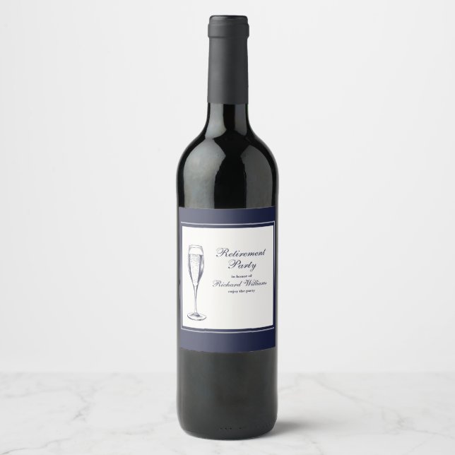Étiquette Pour Bouteilles De Vin Élégant Formel Bleu Foncé Blanc Retraite  (Devant)