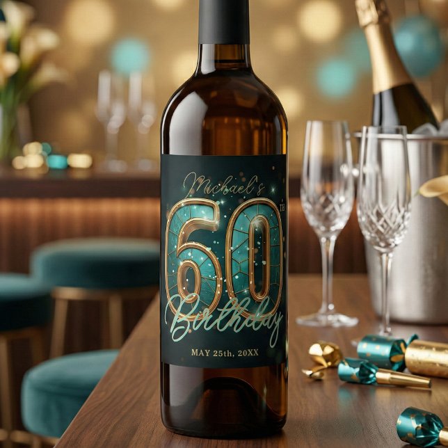 Étiquette Pour Bouteilles De Vin Elegant Glam Teal Gold 60th Milestone Birthday (Créateur téléchargé)
