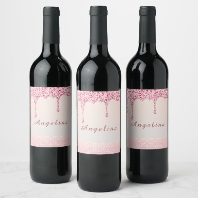Étiquette Pour Bouteilles De Vin Élégant Glitter Drip Rose  (Bouteilles)