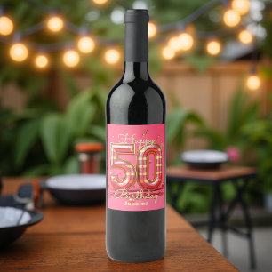 Étiquette Pour Bouteilles De Vin Elégant Glitzy rayé rose & or 50e anniversaire