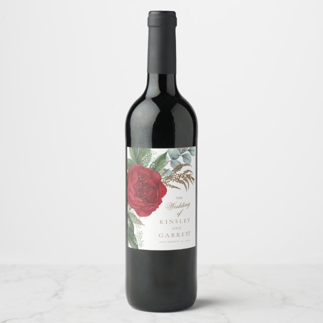 Étiquette Pour Bouteilles De Vin Élégant Gold Script Mariage Floral rouge (Devant)