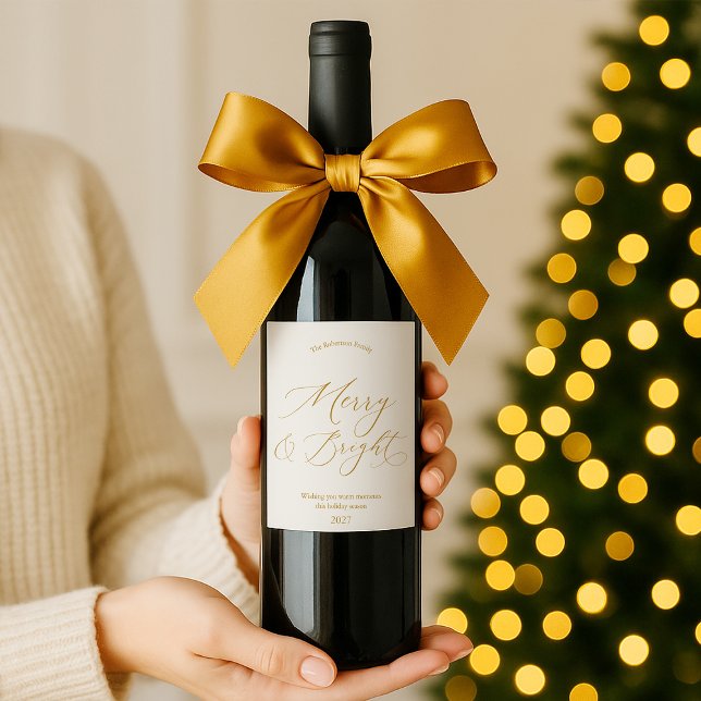 Étiquette Pour Bouteilles De Vin Elegant Gold Script “Merry & Bright” Christmas (Créateur téléchargé)
