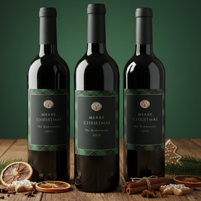 Étiquette Pour Bouteilles De Vin Elegant Green Plaid Merry Christmas Festive (Christmas Green Plaid Wine Labels)