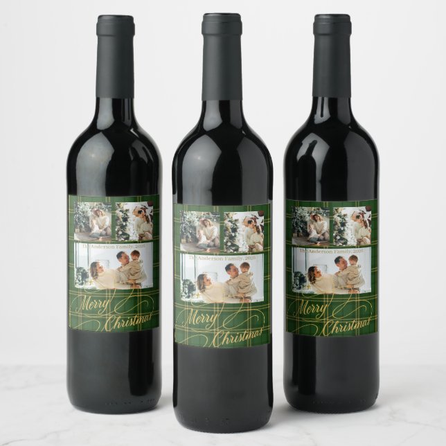 Étiquette Pour Bouteilles De Vin Elegant Green Tartan Family Photo Christmas Card (Bouteilles)
