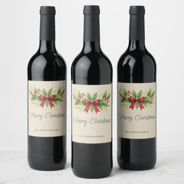 Étiquette Pour Bouteilles De Vin Elegant Holly & Red Bow Noël - (Bouteilles)