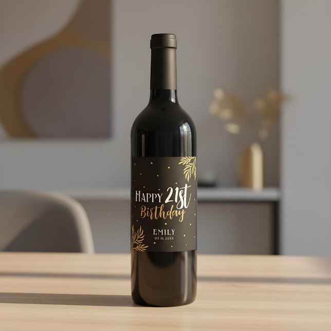 Étiquette Pour Bouteilles De Vin Elégant Joyeux 21ème anniversaire Gold Foliage Par (Créateur téléchargé)