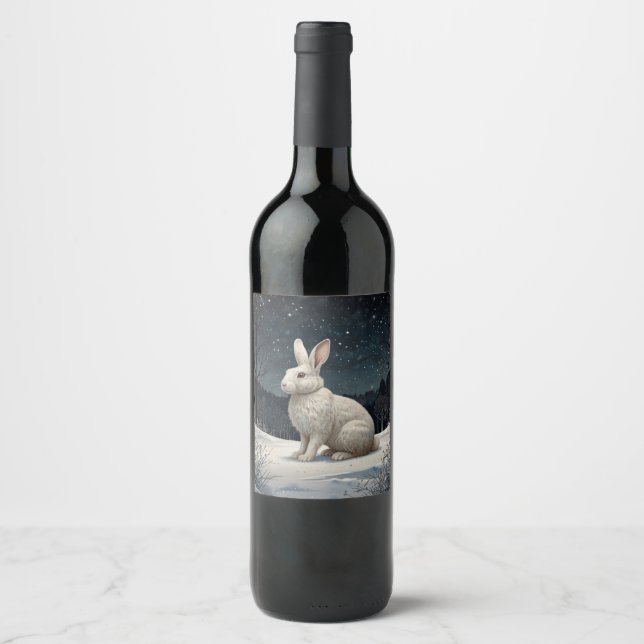 Étiquette Pour Bouteilles De Vin Elégant lapin blanc Noël forêt enneigée (Devant)