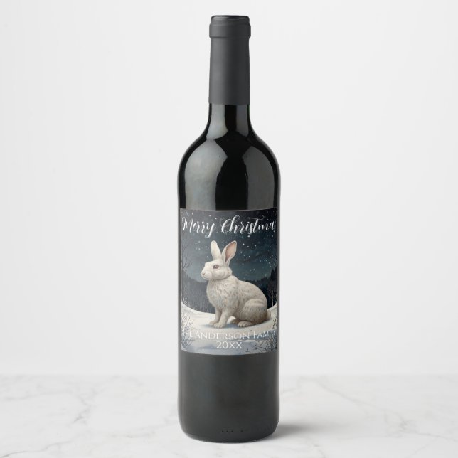 Étiquette Pour Bouteilles De Vin Elégant lapin blanc Noël forêt enneigée (Devant)